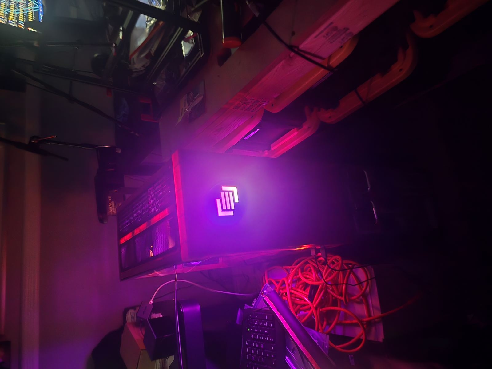 Custom PC build logo lit up purple